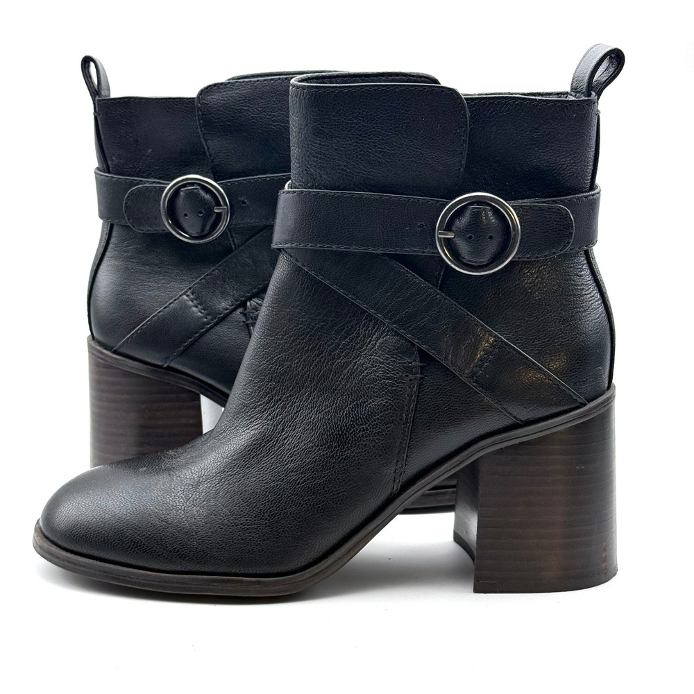Crown Vintage Courla Ankle Boots Women 11 Black Leather Buckle‎ Strap Block Heel